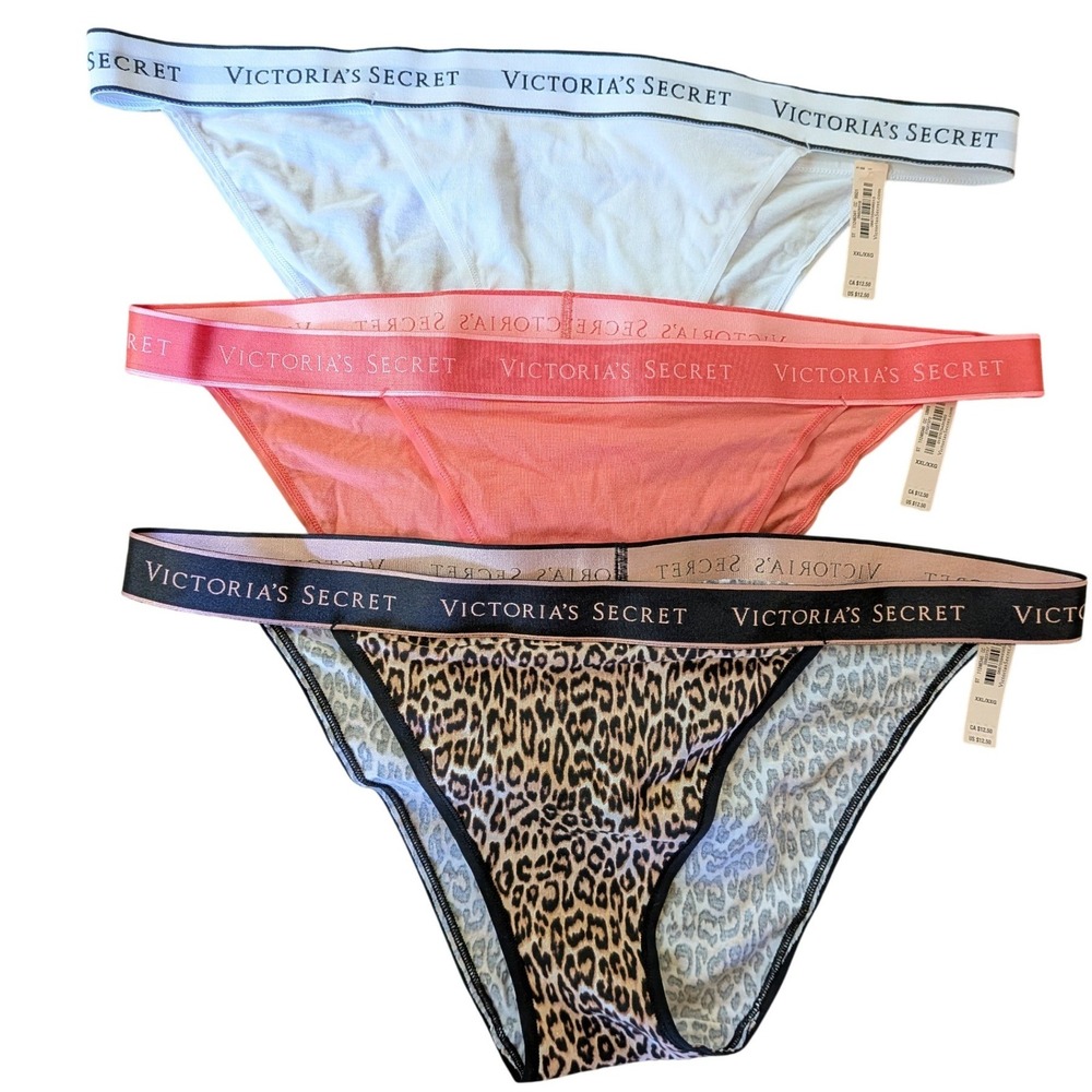 3 Victoria's Secret Bikini Panties Women XXL Logo Waistband Animal Print Bundle
